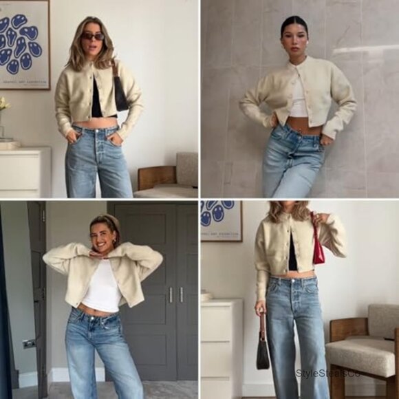 Cropped Cardigan Sweater Slim Fit Long Sleeve Button Down Knit Top - Picture 4 of 7